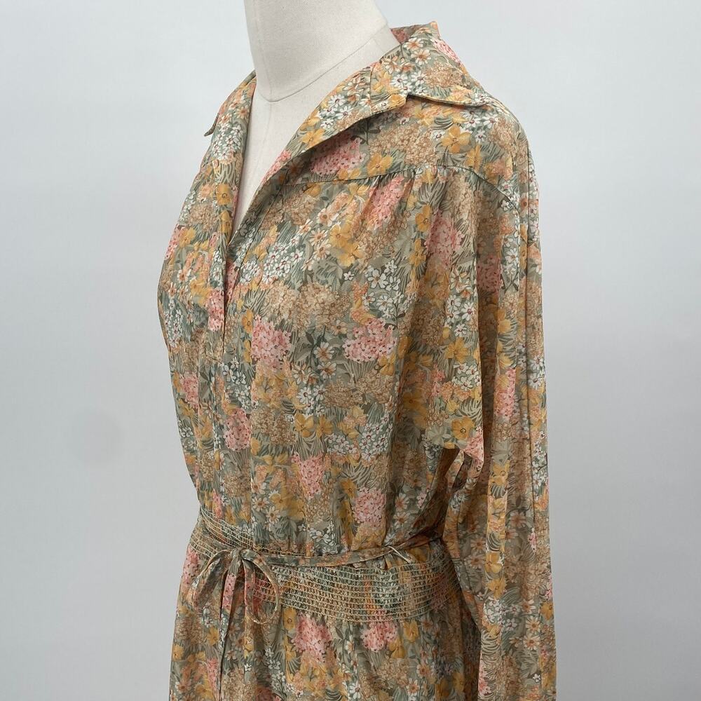 Vintage 70s Floral Print Shirtdress Long Sleeve Tie Waist Blouson Midi Dress M - Picture 5 of 11